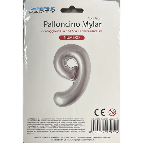 Mylar palloncino n°9 argento 76cm
